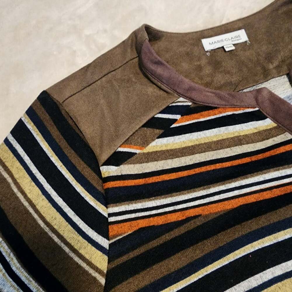 Marie Claire Striped Cozy Fall Dress Size TG/XL Multi-Color Velvet taupe collar - Picture 5 of 13